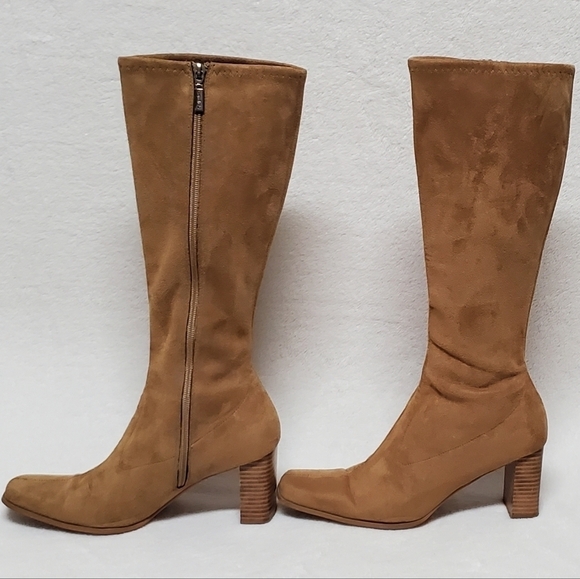 VINTAGE 90s Candies Caramel Faux Suede Stacked Heel Square Toe Knee High Boots 8 - Picture 6 of 16